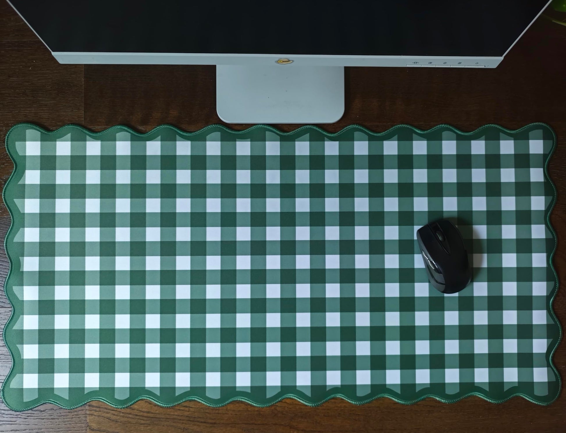 Forest Green Scalloped‌ Checkered Gingham Desk Mat Cute Pastel Large Mouse Pad Kawaii Cottagecore