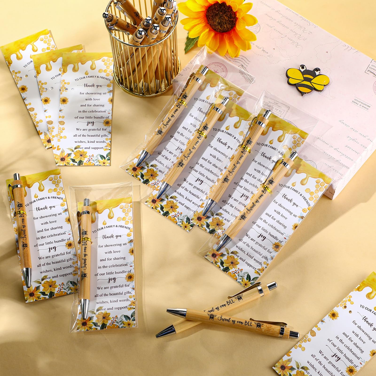 Spakon 50 Sets Bee Baby Shower Favors Bamboo Pens with Thank You Bookmarks