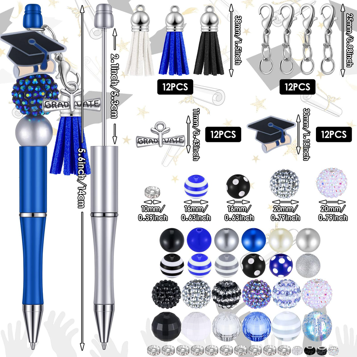 Jutom 12 Pcs Graduation Beadable Pens with 50 Pcs Focal Beads 12 Tassels 12 Cap Pendants DIY Making