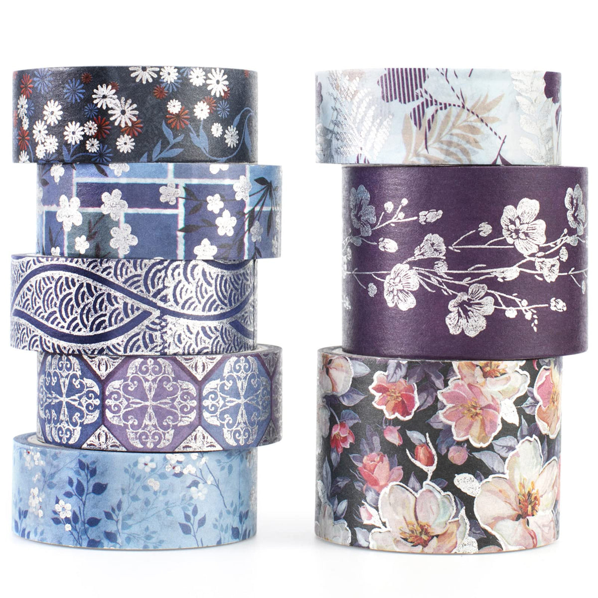 YUBX Elegance Blue Washi Tape Set 8 Rolls Wide Silver Embellishment Decorative Masking Tapes for