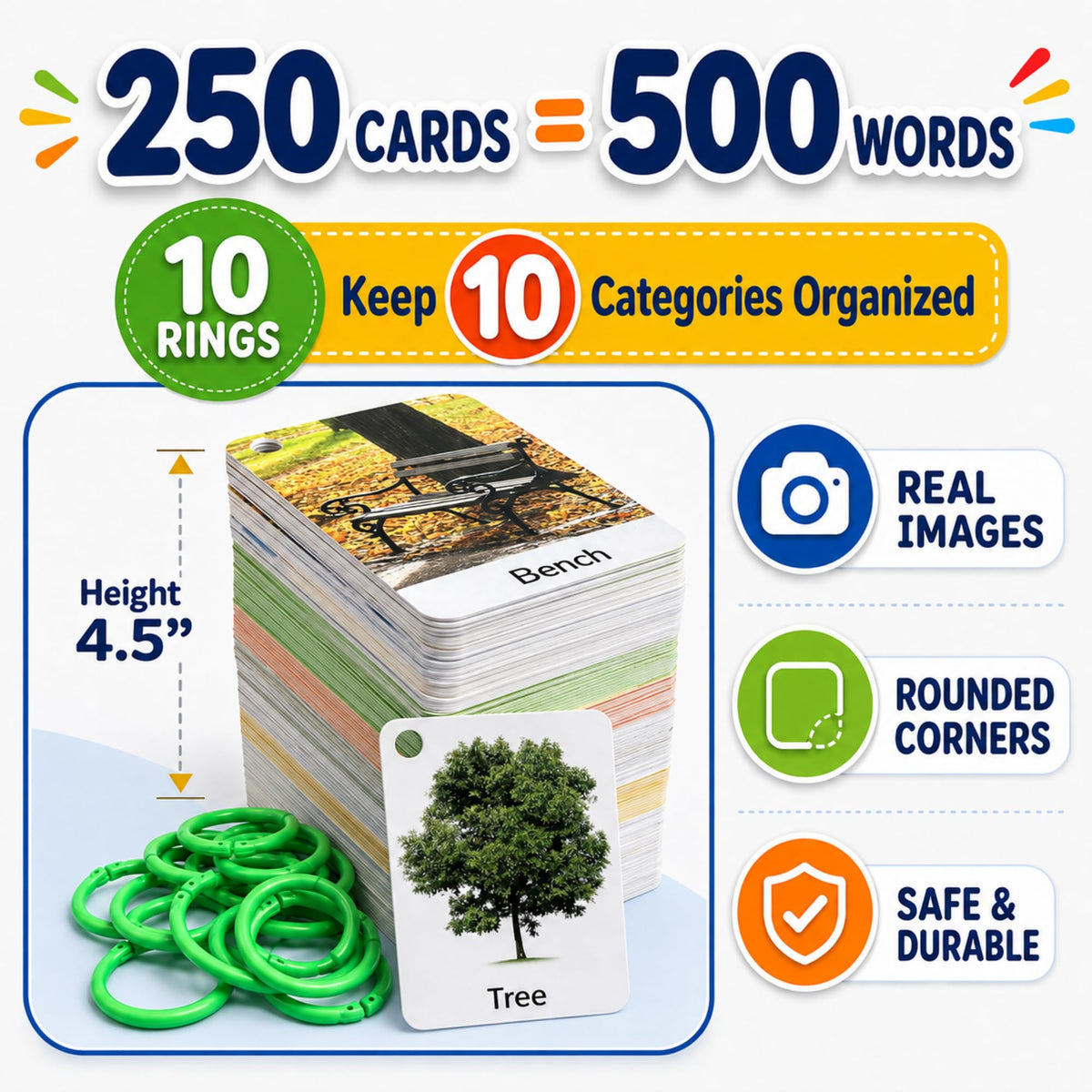 250 Flash Cards for Toddlers 1-3 with Rings, Toddler Flashcards with ABC Flash Cards Included