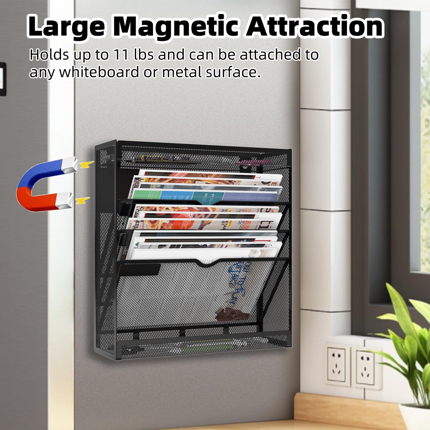 5 Tier Magnetic File Holder, No Drilling Wall File Organizer, Magazine Paper Mail Document