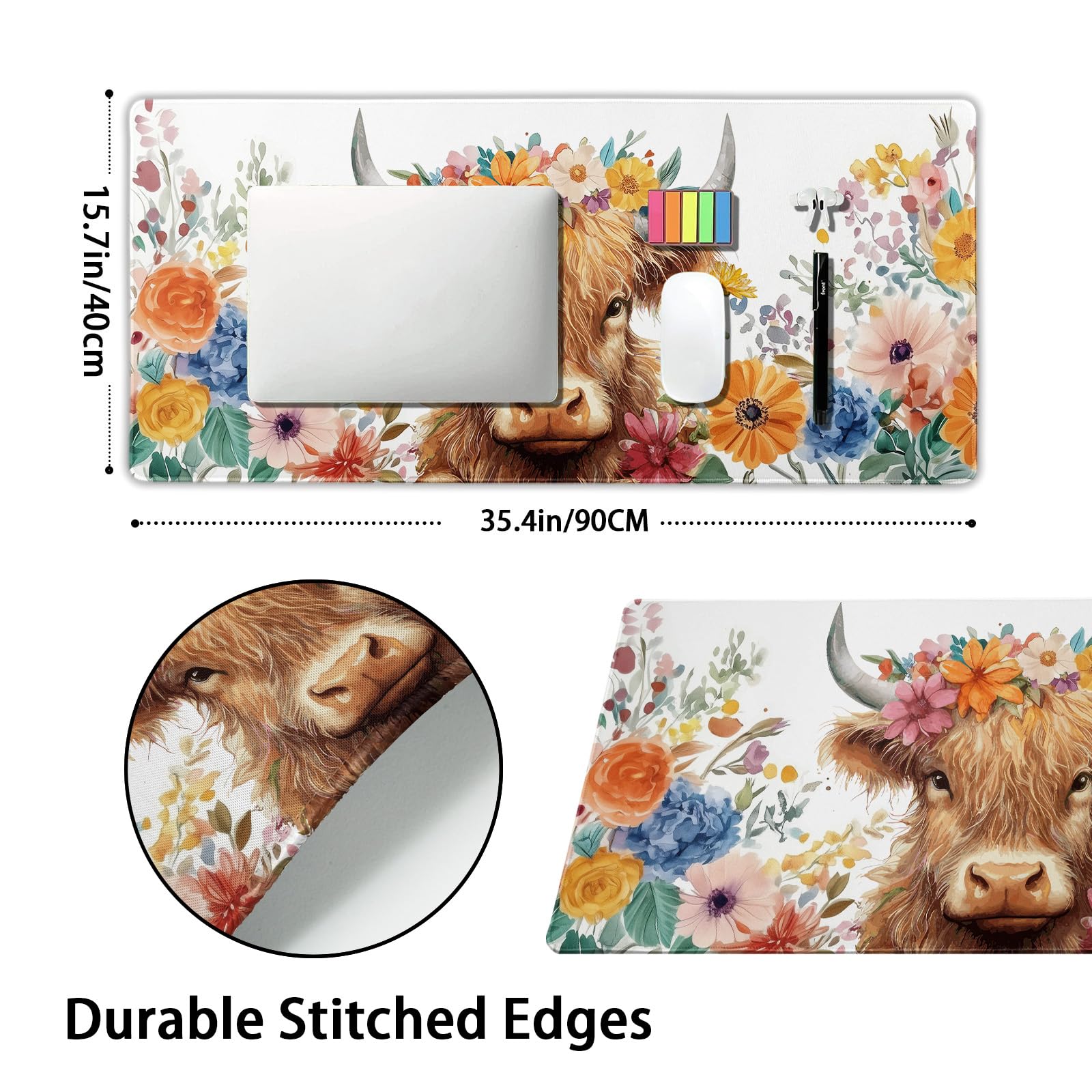 Aesthetic Highland Cow Gaming Mouse Pad XXL Cow Print Blue Orange Floral Extended Large Mat