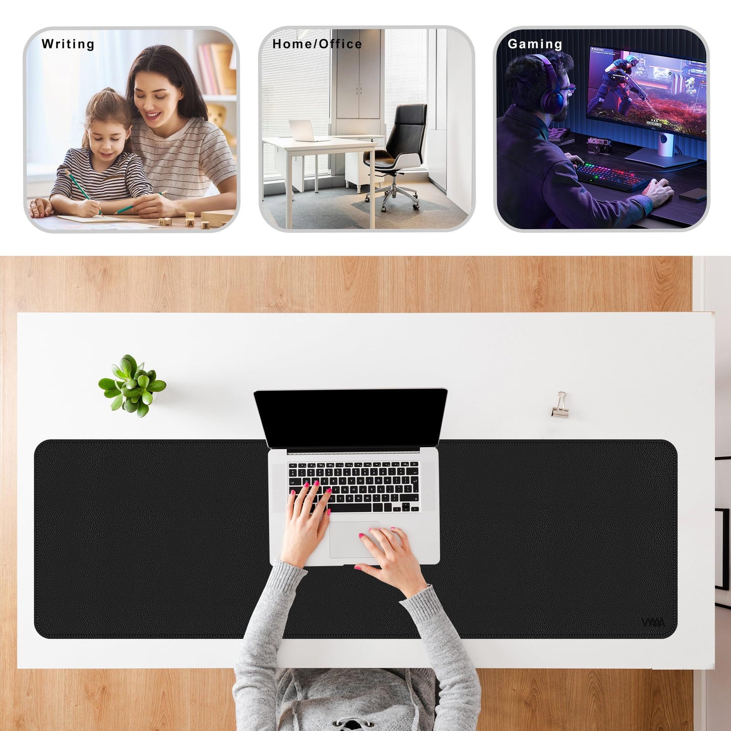 Vyaaa Cork & Leather Desk Mat, 55" x 16" Dual Sided Large Desk Pad, Black
