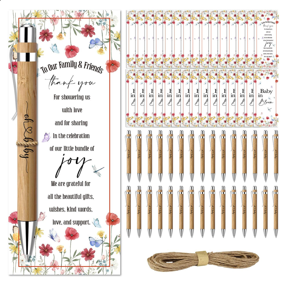 30 Pack Baby Shower Favors, Bamboo Pens and Baby in Bloom Greeting Cards