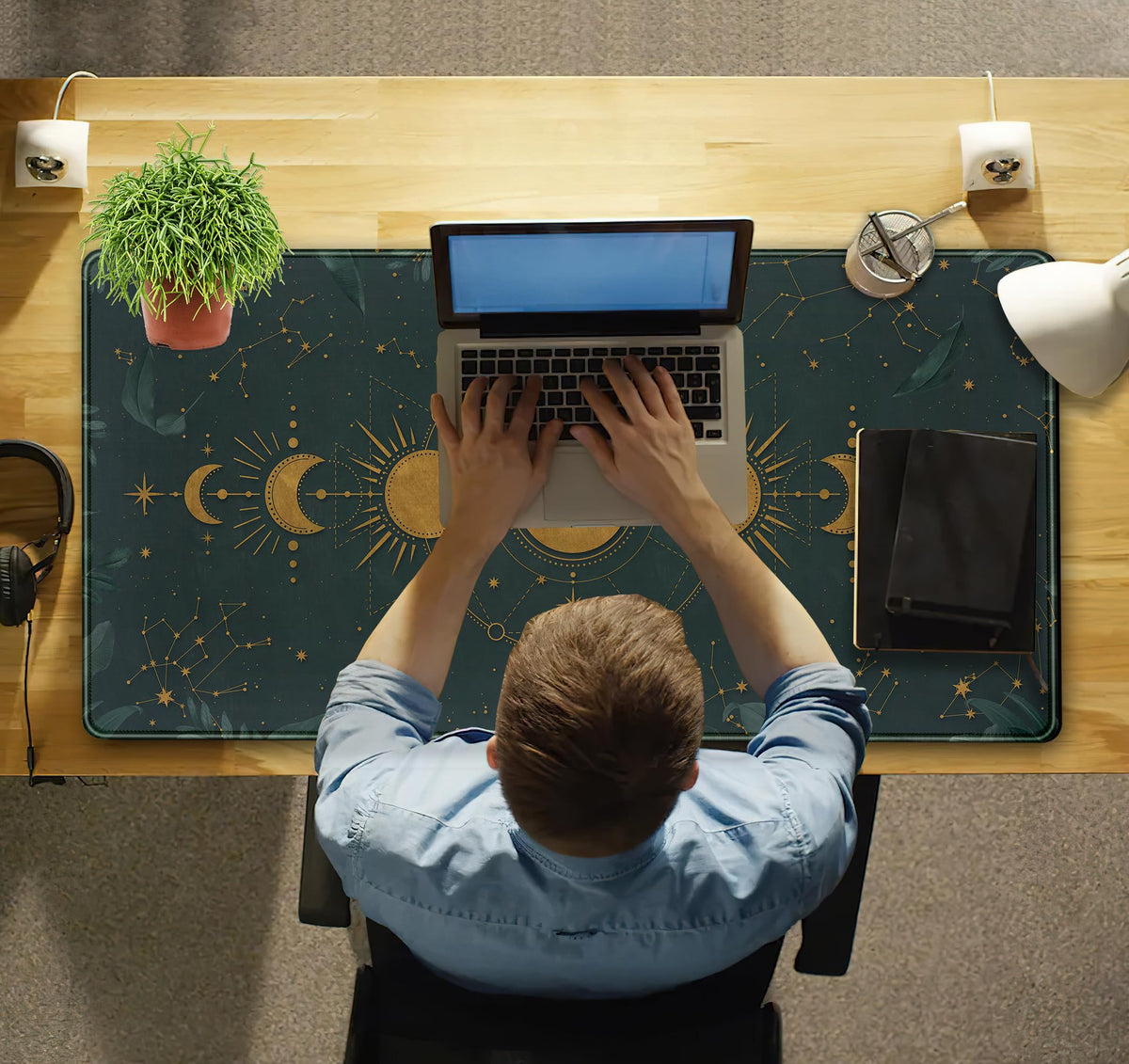 Dark Academia Mousepad Forest Green XXL Desk Mat Gold Moon Phases Large Extended Mouse Pad Gaming
