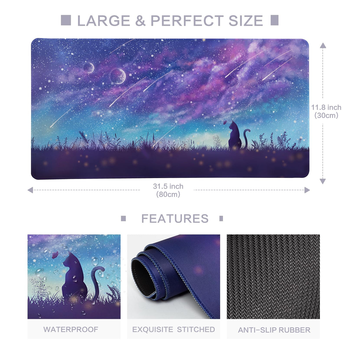 Purple Gaming Mouse Pad XL Cat Cute Desk Pad Keyboard Mat Kawaii Cat Sky Mouse Pad Blue Desk Mat