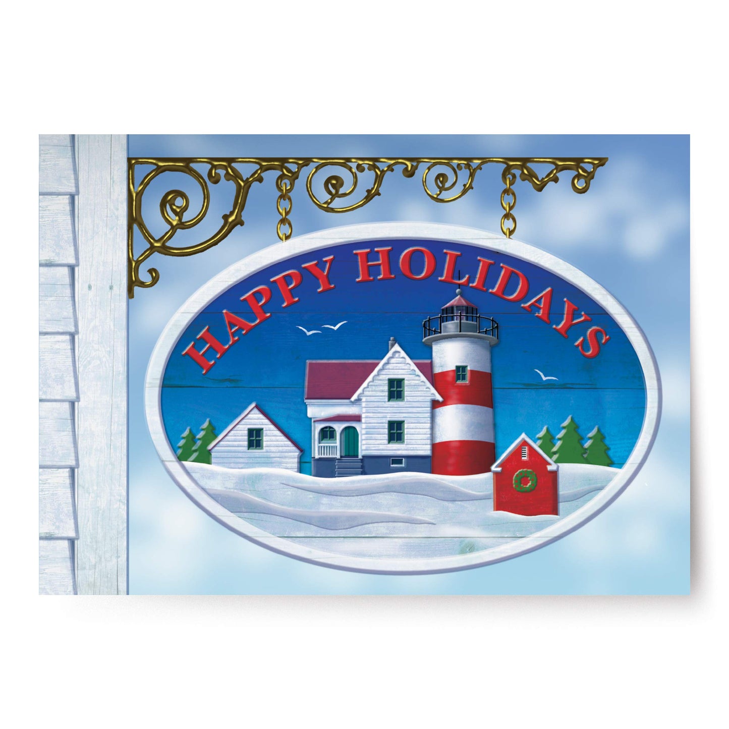 Red Farm Studios Hanging Sign: Red and White Lighthouse Box of 18 Coastal Christmas Cards