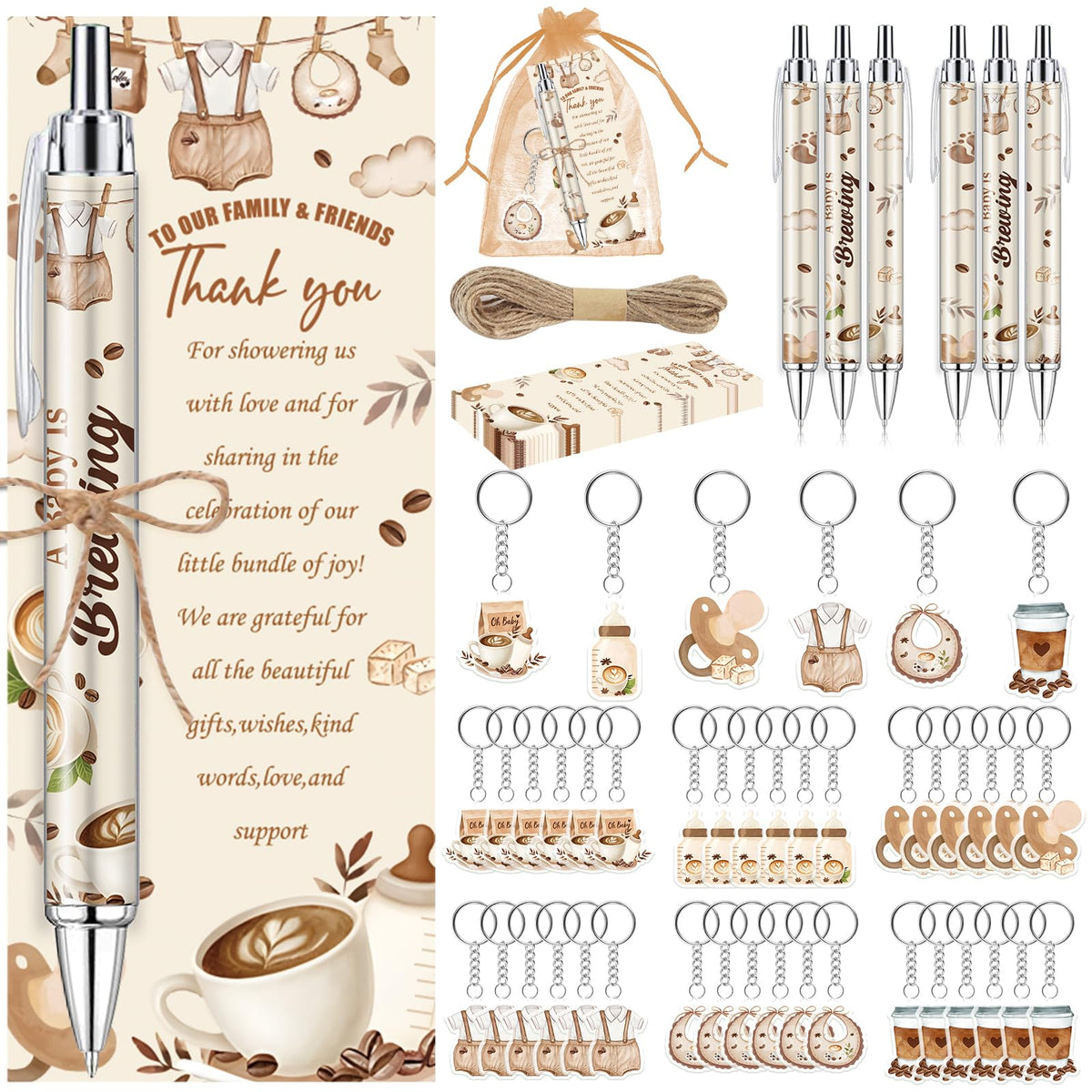 145 Pieces Coffee Baby Shower Favors for Guest A Baby is Brewing Ballpoint Pens and Keychains Gifts
