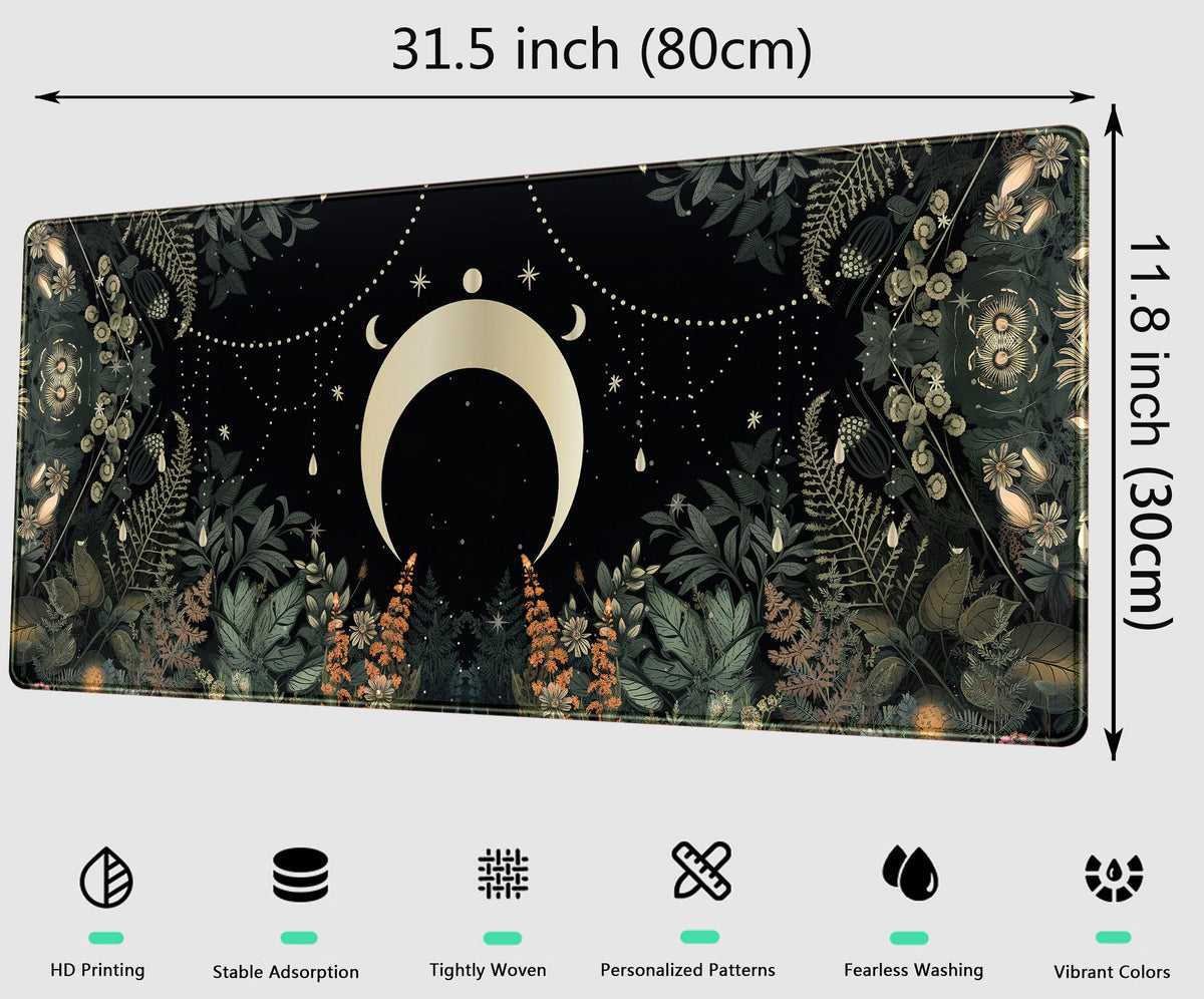 Cute Green Forest Leaves Desk Mat Whimsical Moon Mousepad XL Large Extended Gaming Mouse Pad with