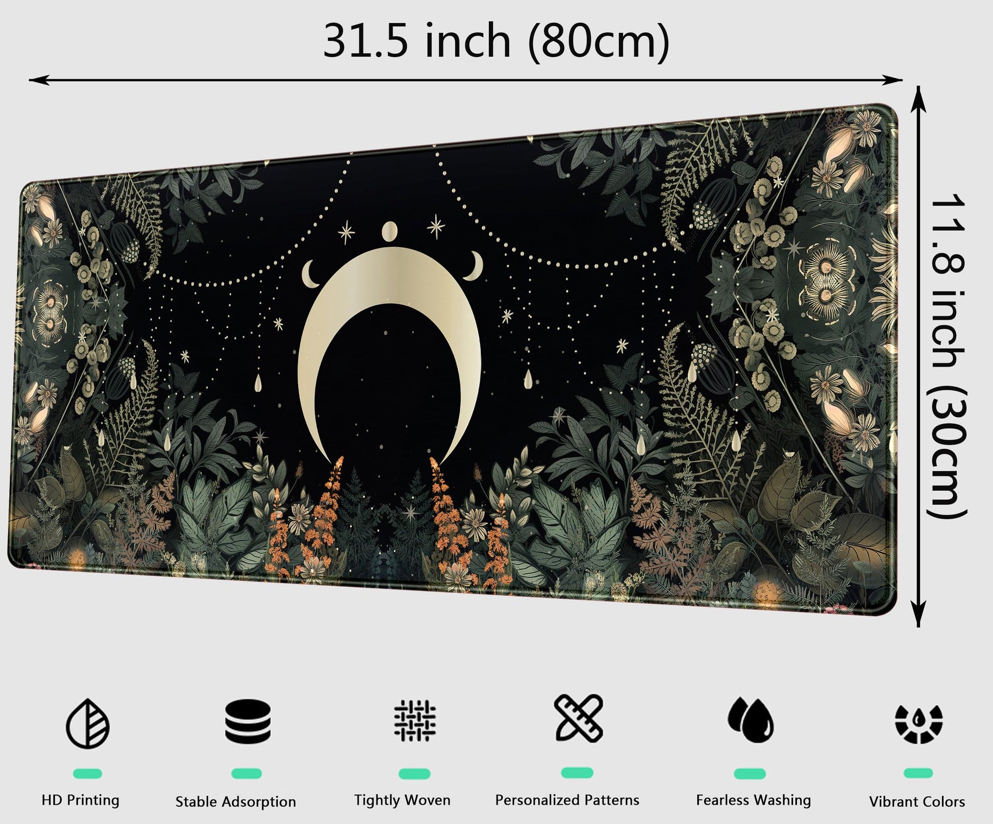 Cute Green Forest Leaves Desk Mat Whimsical Moon Mousepad XL Large Extended Gaming Mouse Pad with