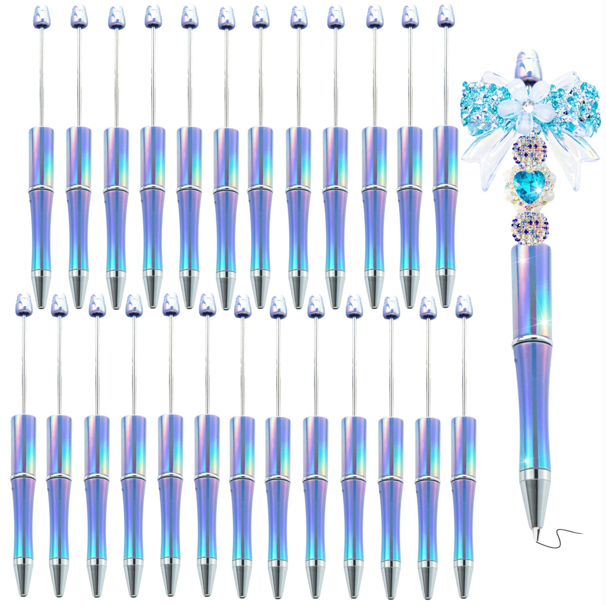 KUNHEHO Beadable Pens 25 Pcs Blue Gradient Colors Shiny Fancy Pens Bulk for Women Focal Beads Pens