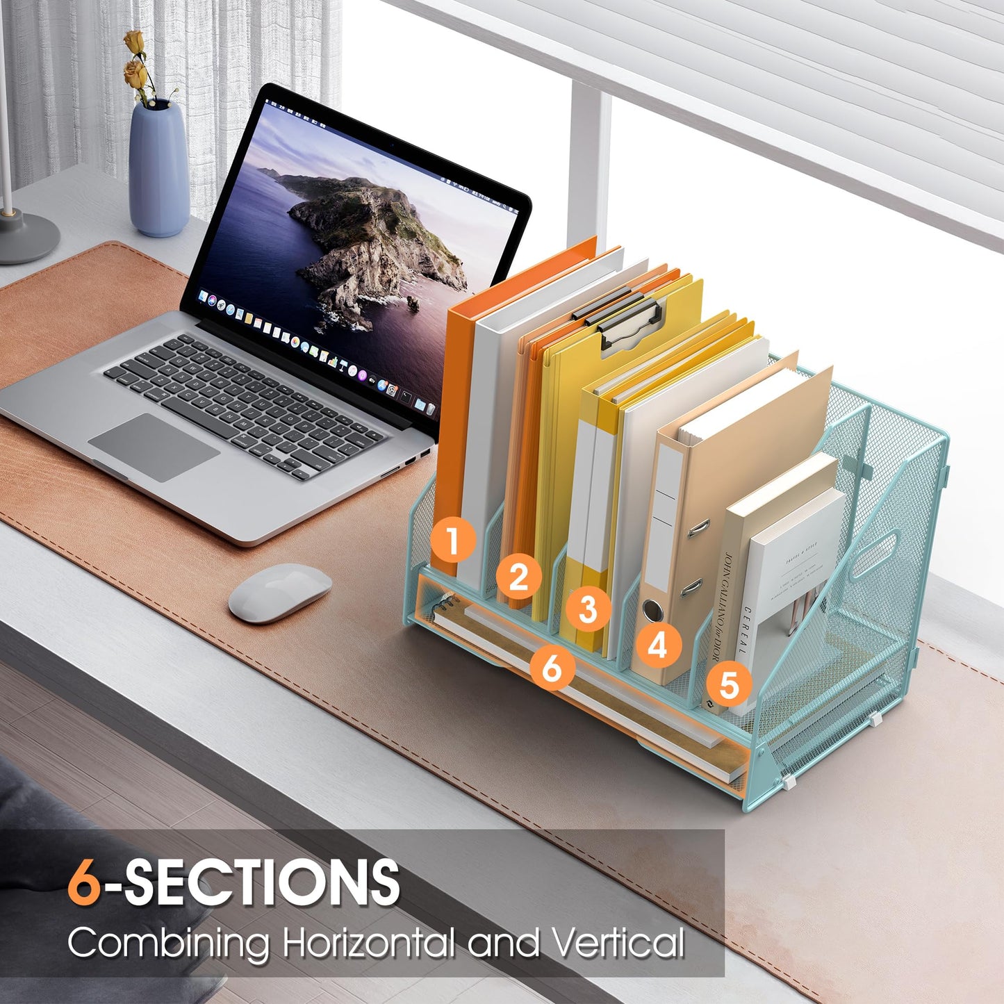 OrgMate 5 Vertical Mesh Desk Organizer with Paper Letter Tray, Blue