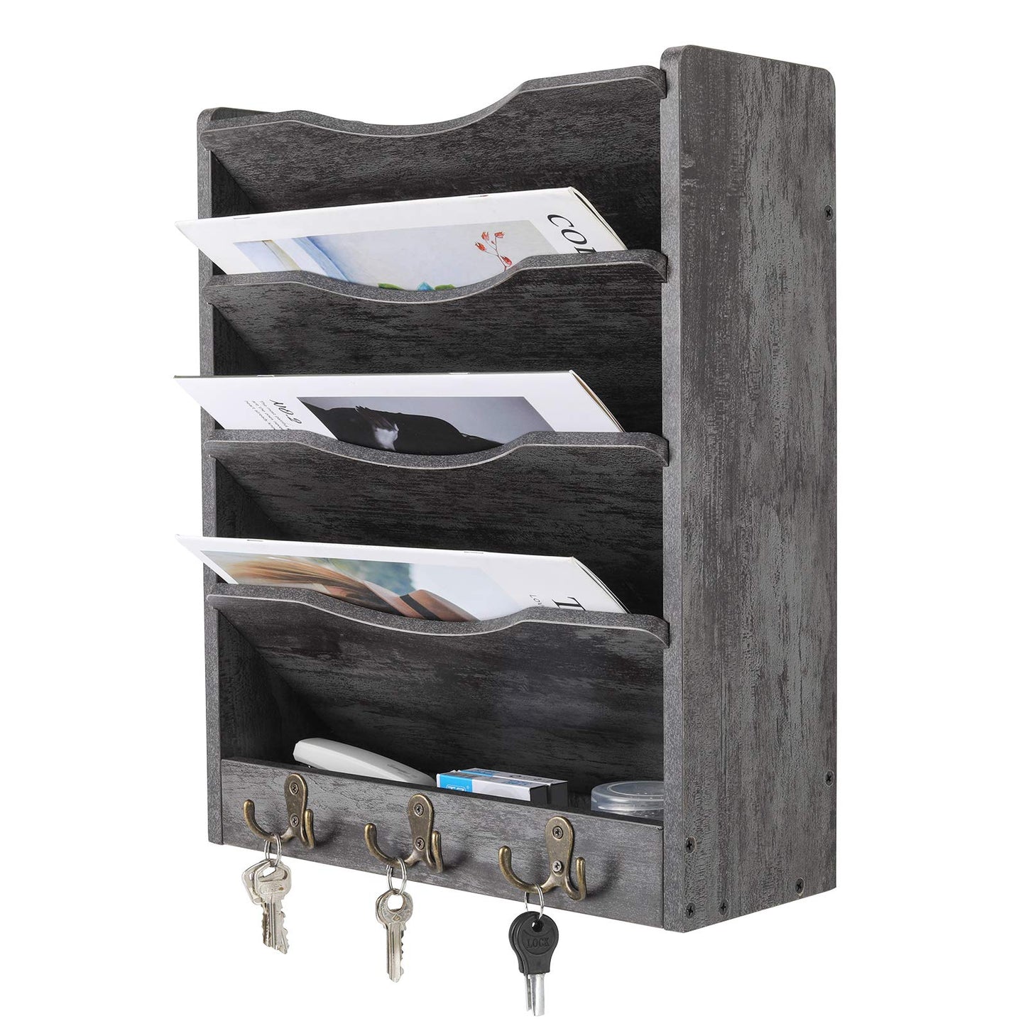 PAG-Mass 5-Tier Wall File Holder Hanging Mail Organizer Wood Magazine Literature Rack with 6 Hooks