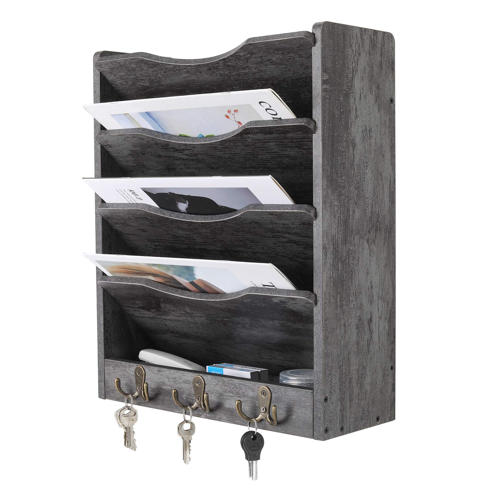 PAG-Mass 5-Tier Wall File Holder Hanging Mail Organizer Wood Magazine Literature Rack with 6 Hooks