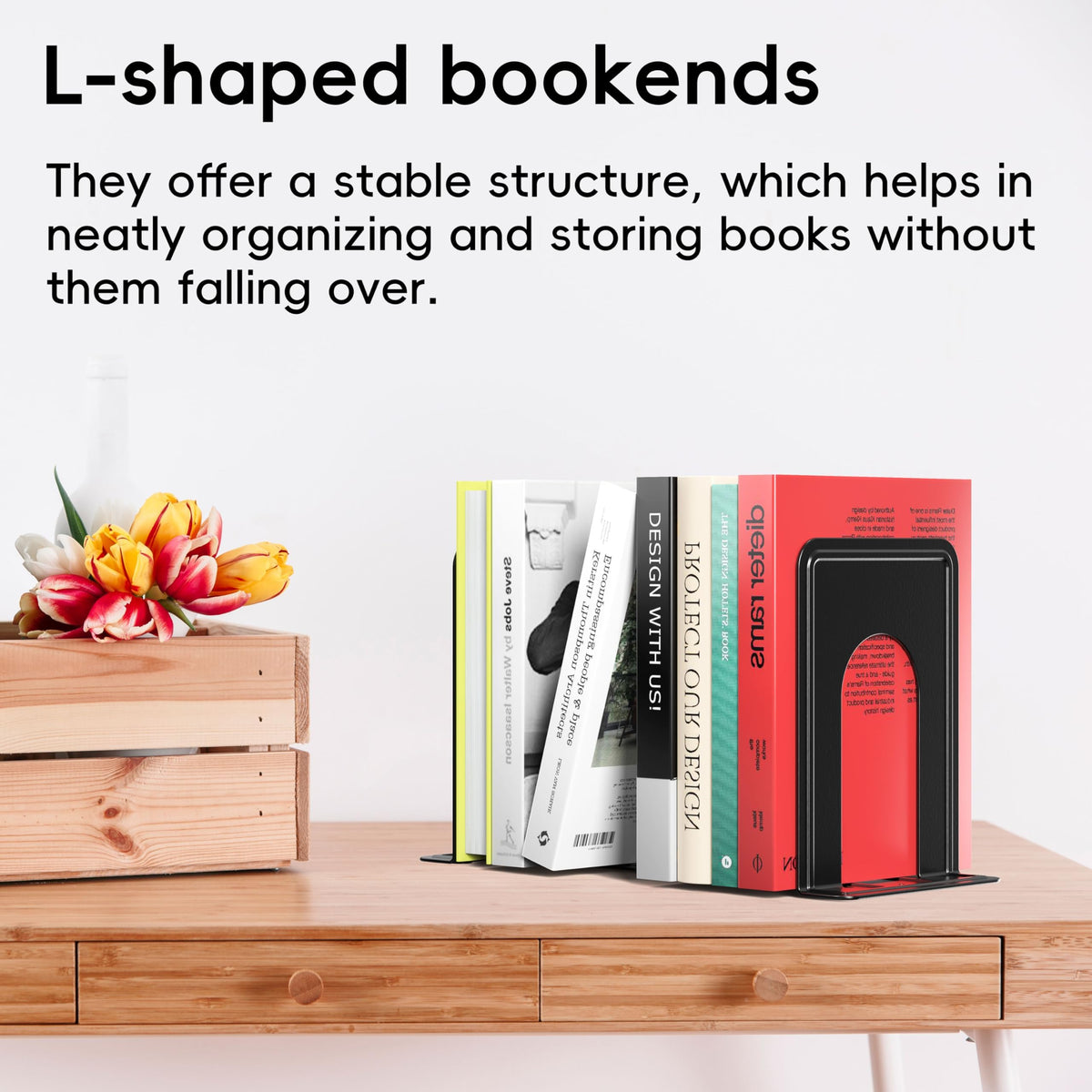 Optomni Metal Bookends for Shelves, 4 Pairs, Heavy Duty Book Ends, Black
