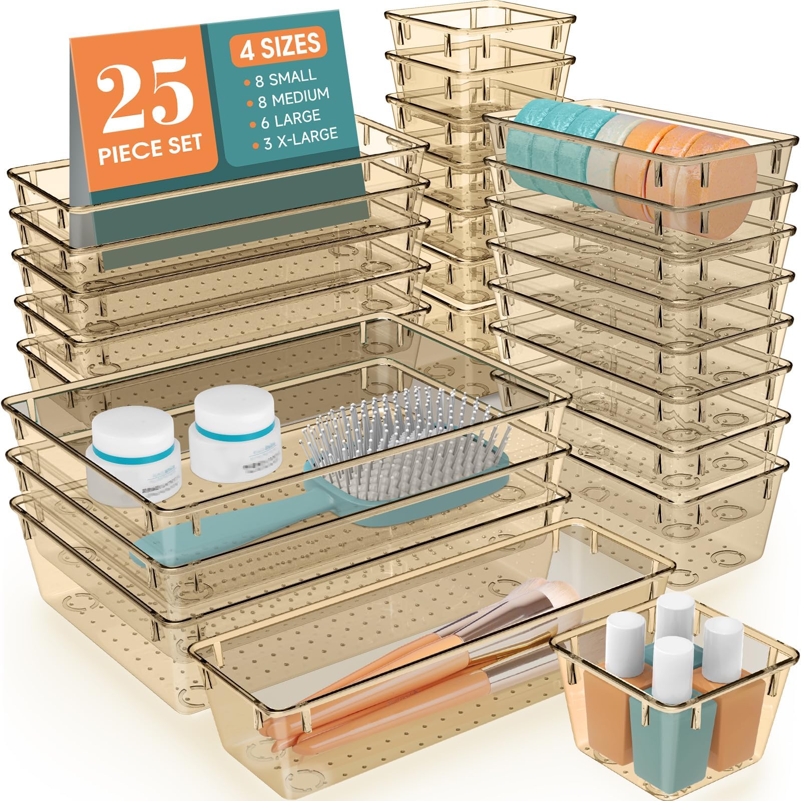 25 PCS Drawer Organizer Set, 5 Size Bathroom and kitchen organizer Trays