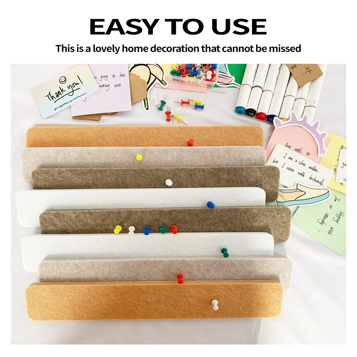 8 Packs Felt Pin Board Bar Strips Bulletin Board，Notice Board Self Adhesive Cork Board with 35 Push