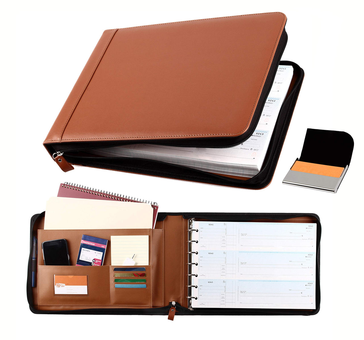 2Fold Zippered Business Checkbook Binder - 7 Ring Binder for Business Checks with Built-in