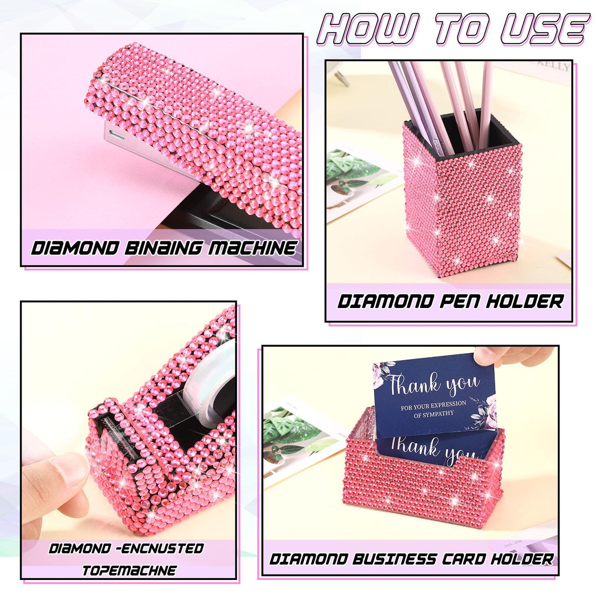 Demissle Pink 7 Pcs Bling Desk Accessories Set Office Kit for Women