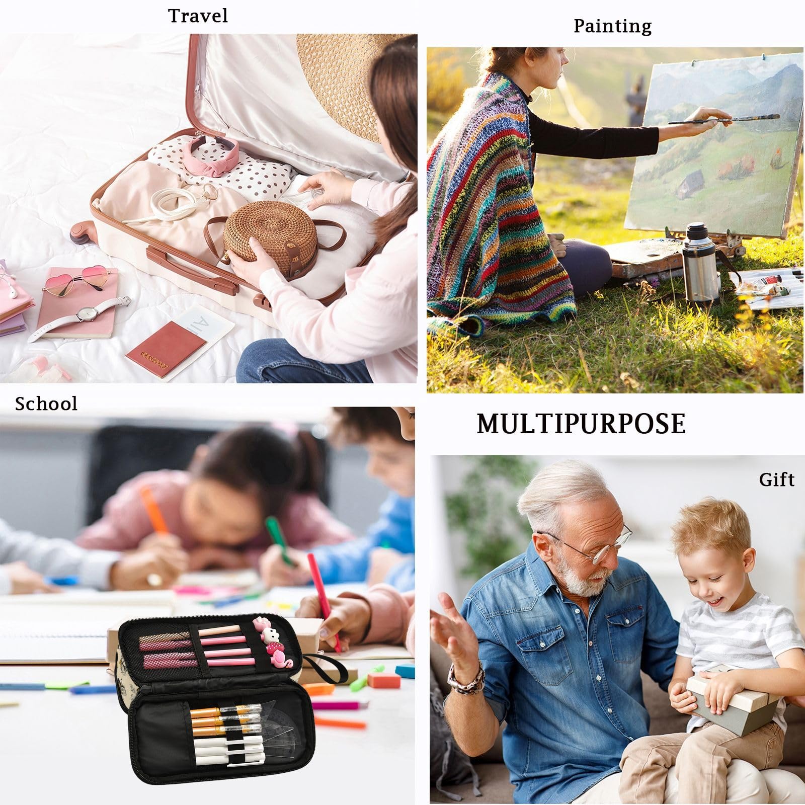 Fustylead Rural Honeybee Retro Floral Large Pencil Pen Case Stationery Bag, 3 Compartments School