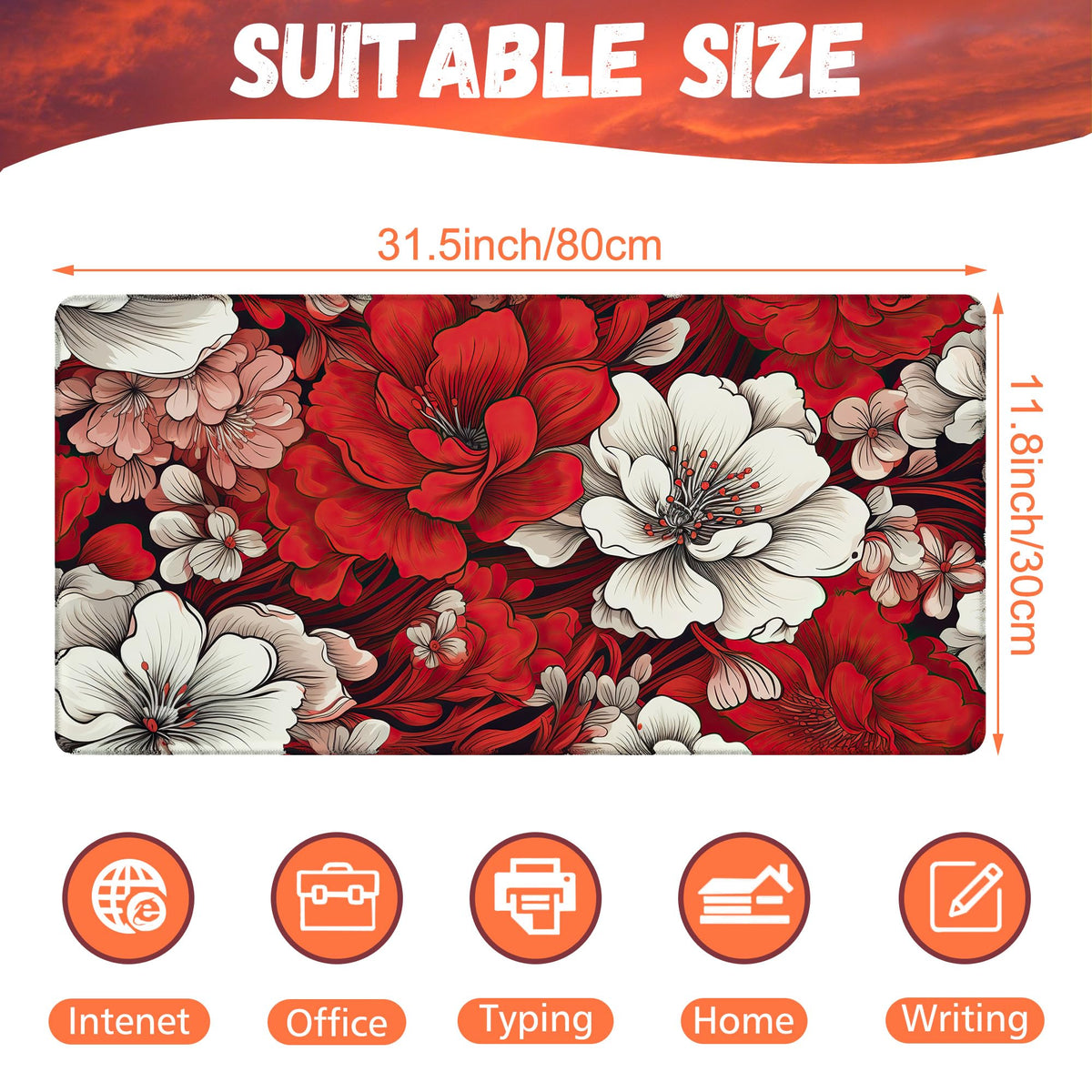 KOAIWPAE Desk Pad, Red and White Flowers Desk Mat, Retro Red Floral Large Gaming Mouse Pad