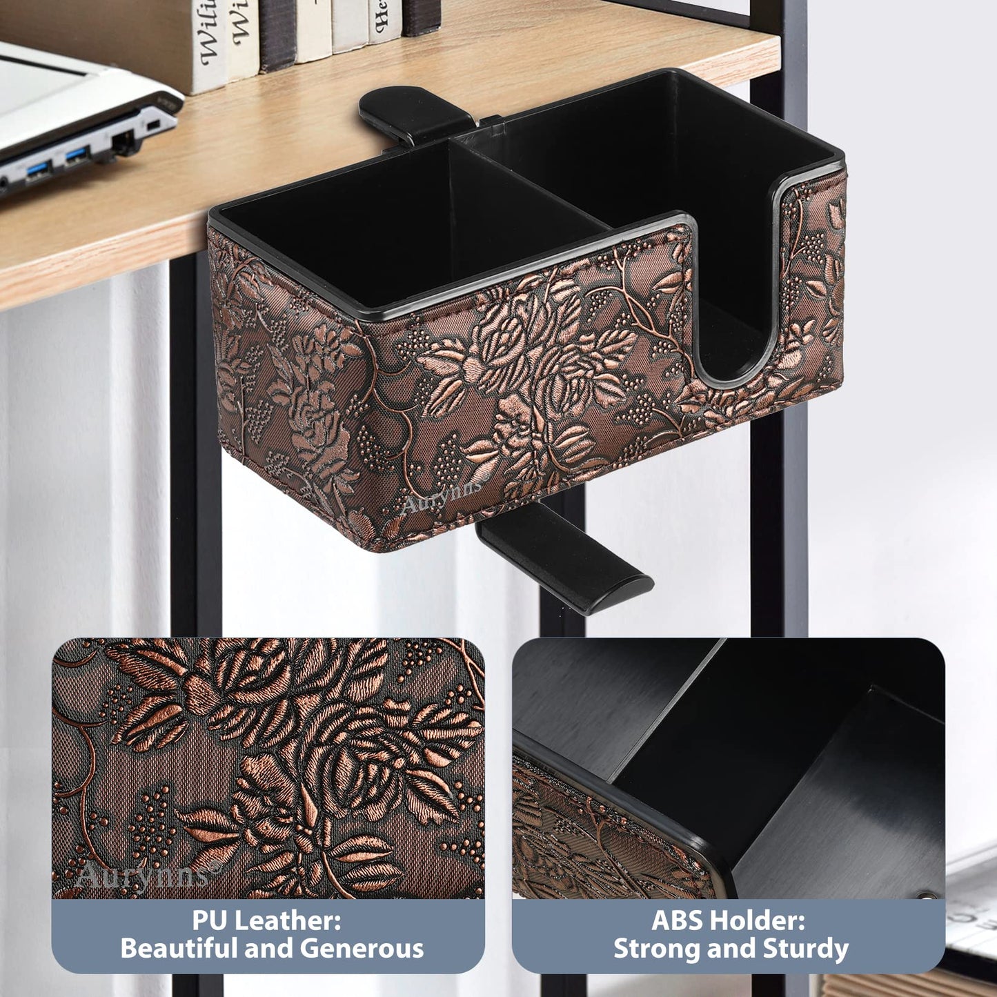 Under Desk Cup Holder Clamp on Cup Holder PU Leather Clip on Desk Organizer