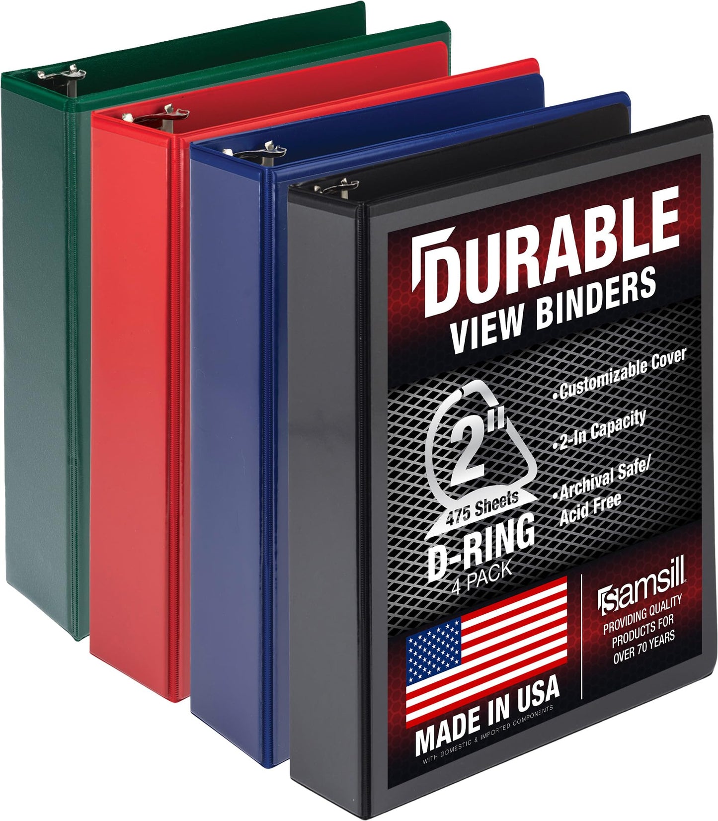 Samsill Durable 2 inch 3 Ring Binder, D Ring Binder, 100% Recycled Chipboard, Basic Assortment, 4
