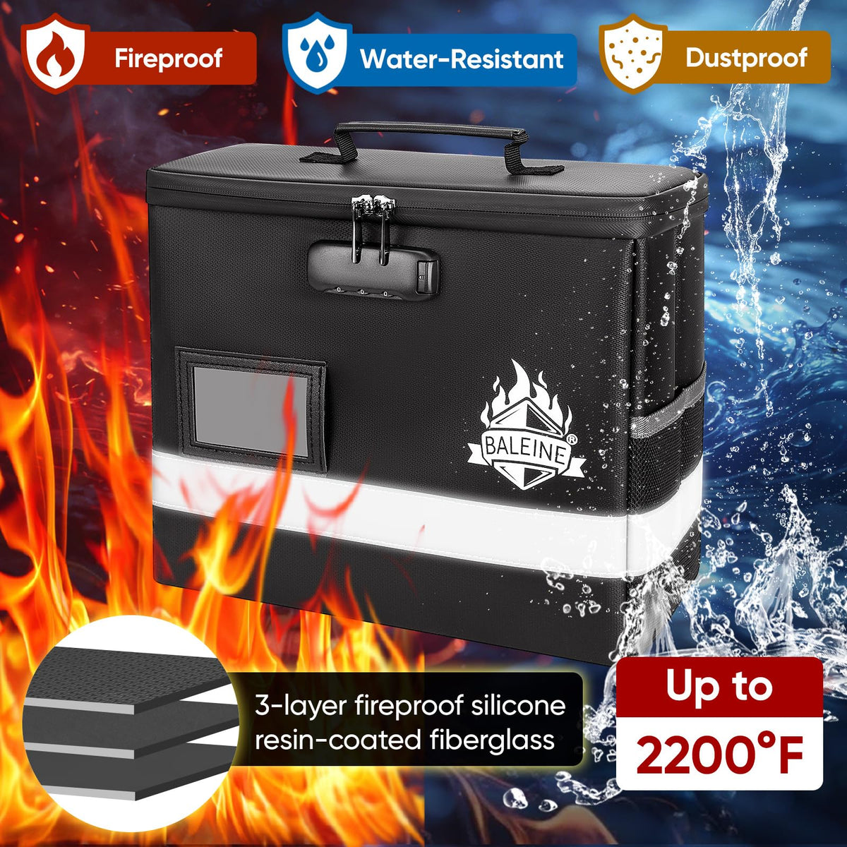 BALEINE Fireproof Document Box with Lock, Portable Fireproof Document Bag Waterproof Fire Proof