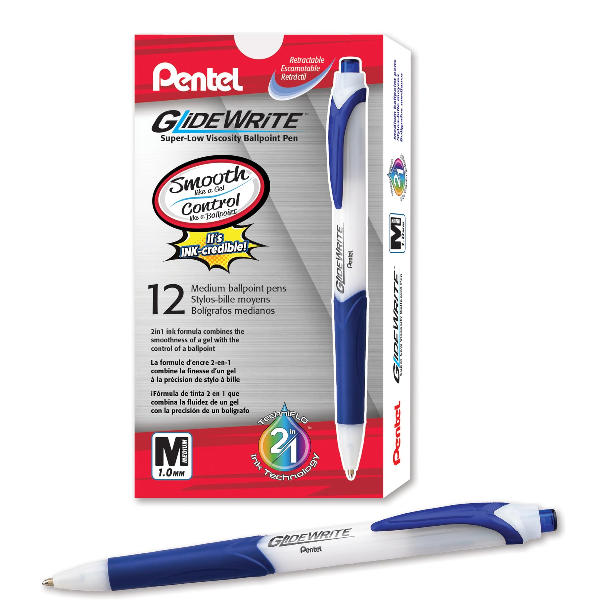 Pentel GlideWrite Ballpoint Pen with TechniFlo Ink, (1.0mm) Medium Line, Blue, Box of 12 (BX910-C)