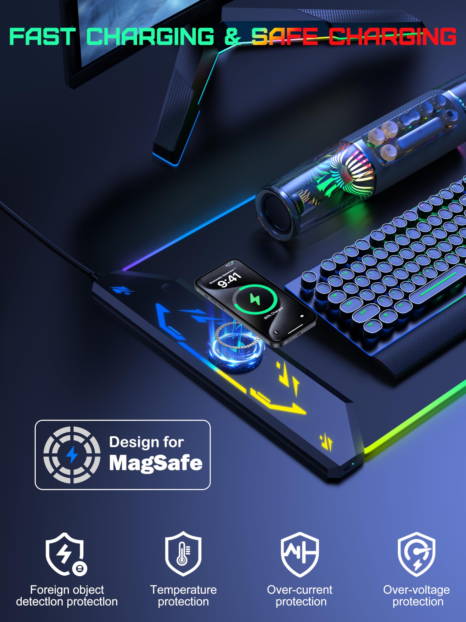 5-in-1 RGB Mouse Pad with Wireless Charging, Large Gaming Desk Mat, Black