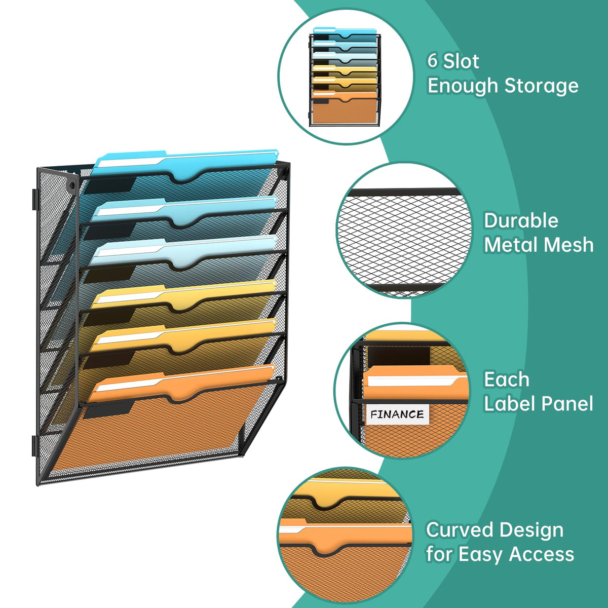 SUPEASY 6 Tier Wall File Organizer, Hanging Wall Mounted Mail Organizer with Label Slots, Metal