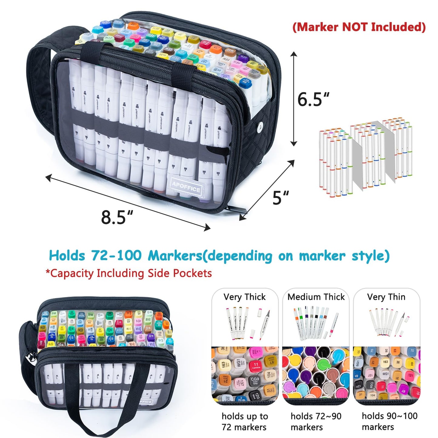 APOFFICE Marker Organizer Case – Holds 72-96Markers | Portable Art Marker Storage Bag with Clear