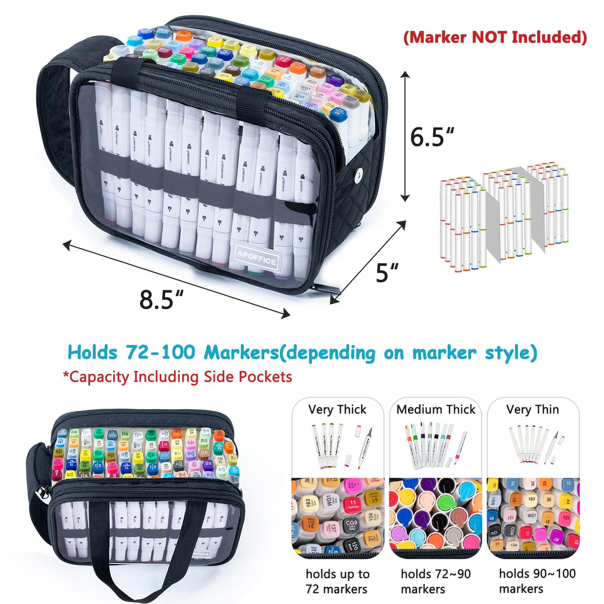 APOFFICE Marker Organizer Case – Holds 72-96Markers | Portable Art Marker Storage Bag with Clear