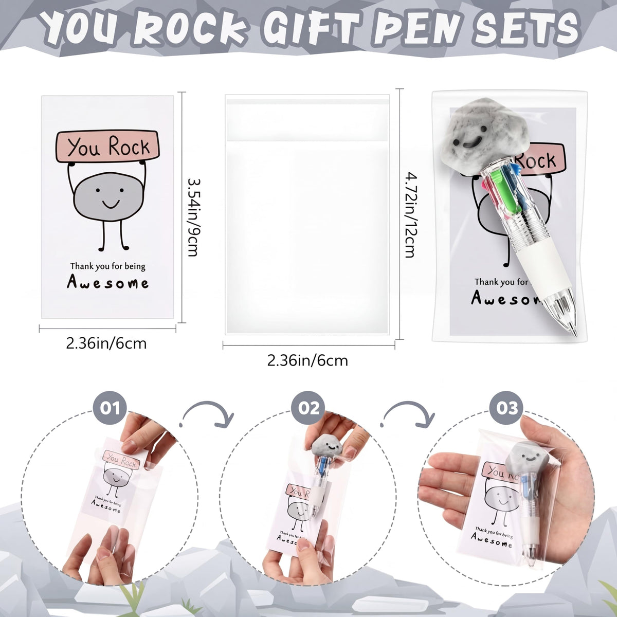 Sayglossy 50 Sets You Rock Party Favor Pens Gifts Bulk with Positive Cards