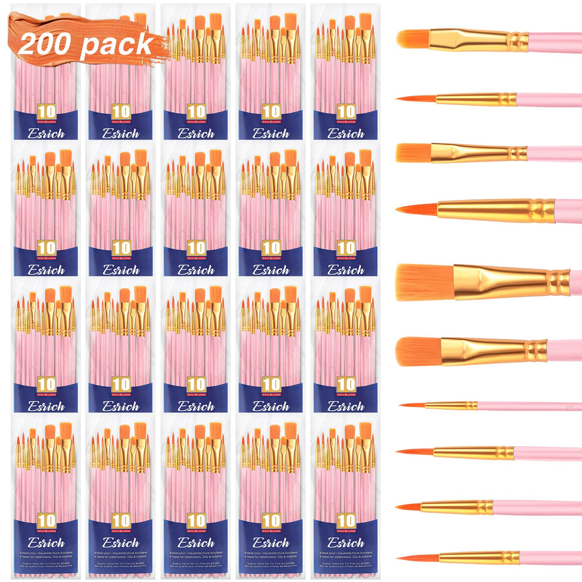 ESRICH 200PCS Pink Paint Brushes, Paint Brush for Acrylic Painting