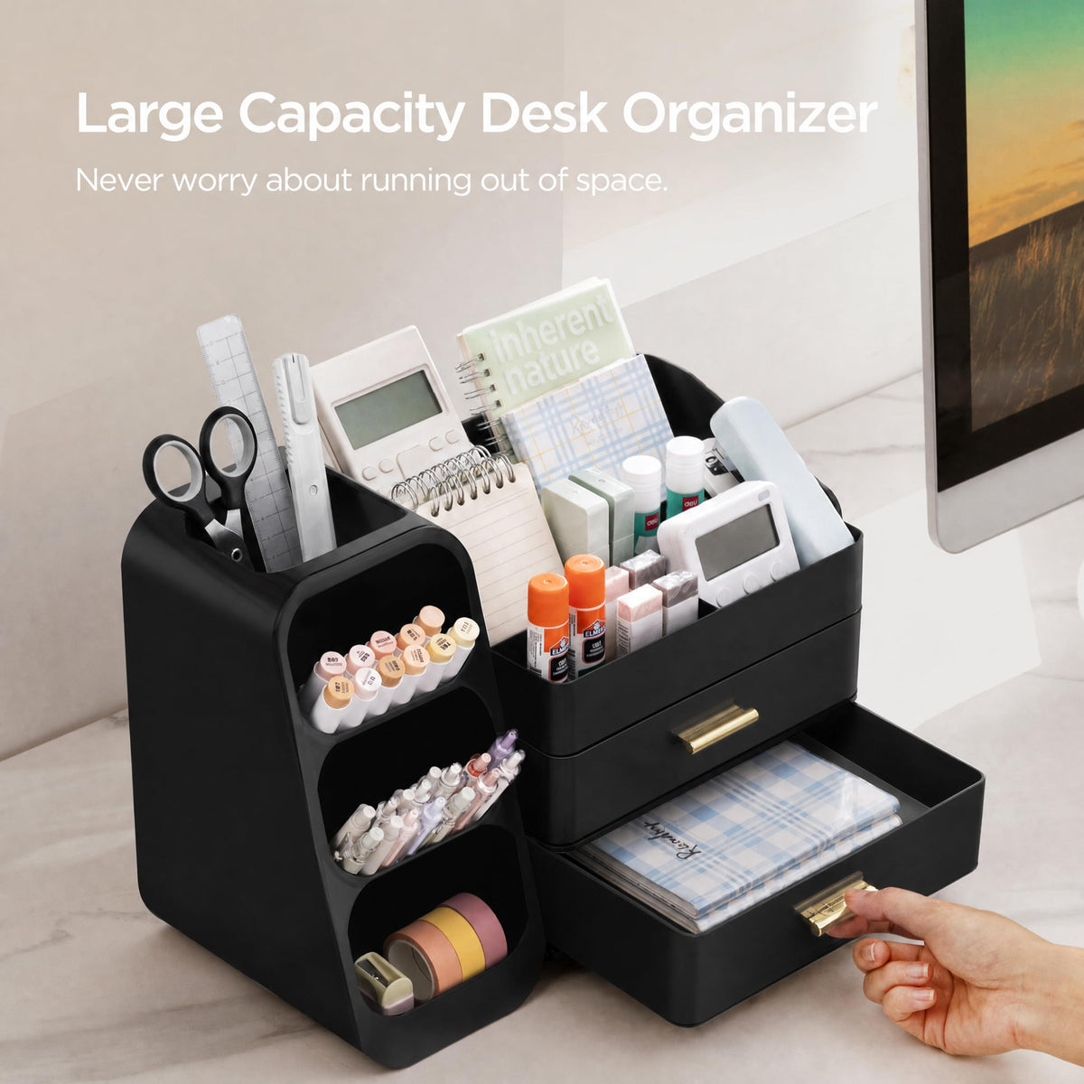 HBlife Desk Organizer with Pen Pencil Holder for Desk, Pen Organizer with 2 Drawers, Desk