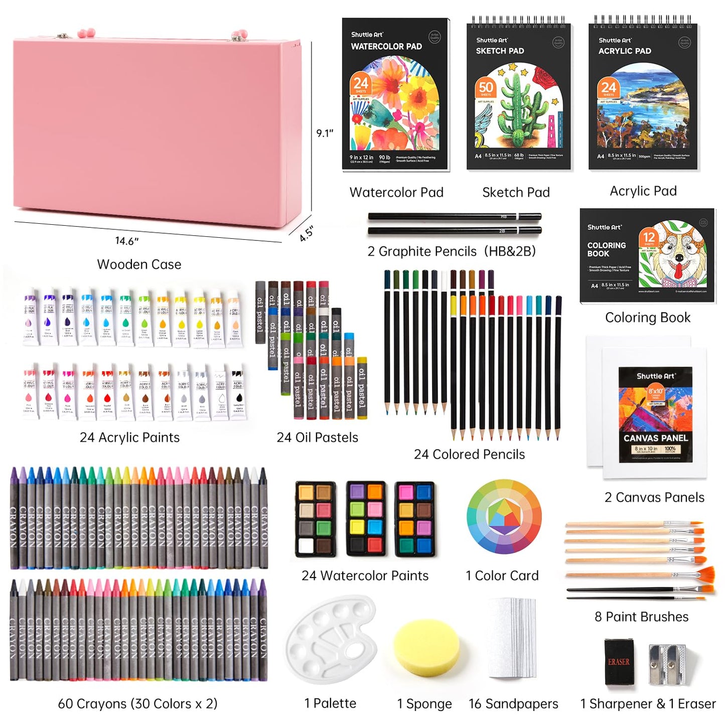 Shuttle Art Deluxe Gift Art Kit, 202-Piece Wooden Art Supplies Set with 4 Drawing Pads, Canvases