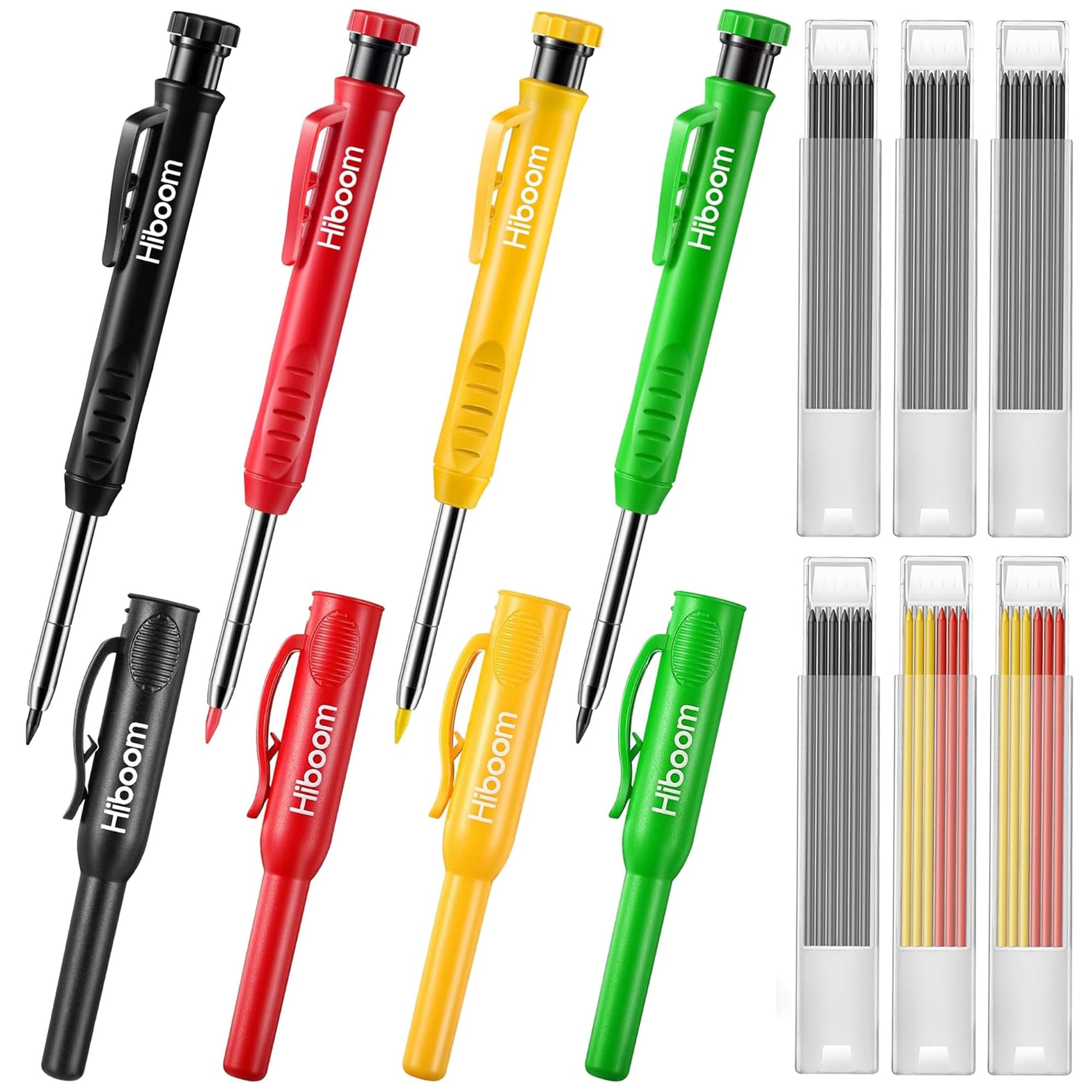 Hiboom 4 Pack Carpenter Pencil with 36 Refills Built In Sharpener (Multi)
