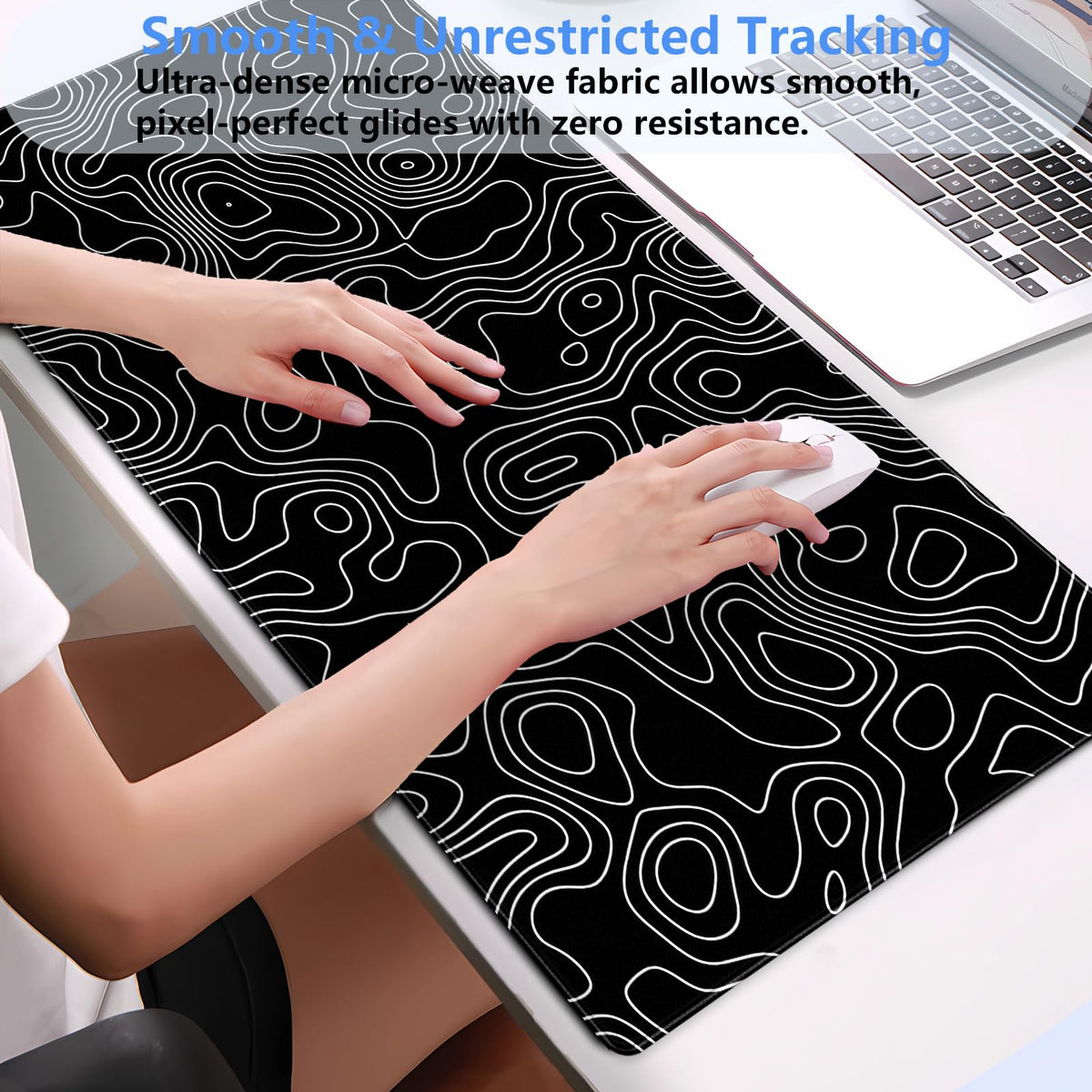 Black and White Topographic Desk Mat, Large Gaming Mouse Pad 31.5x15.7