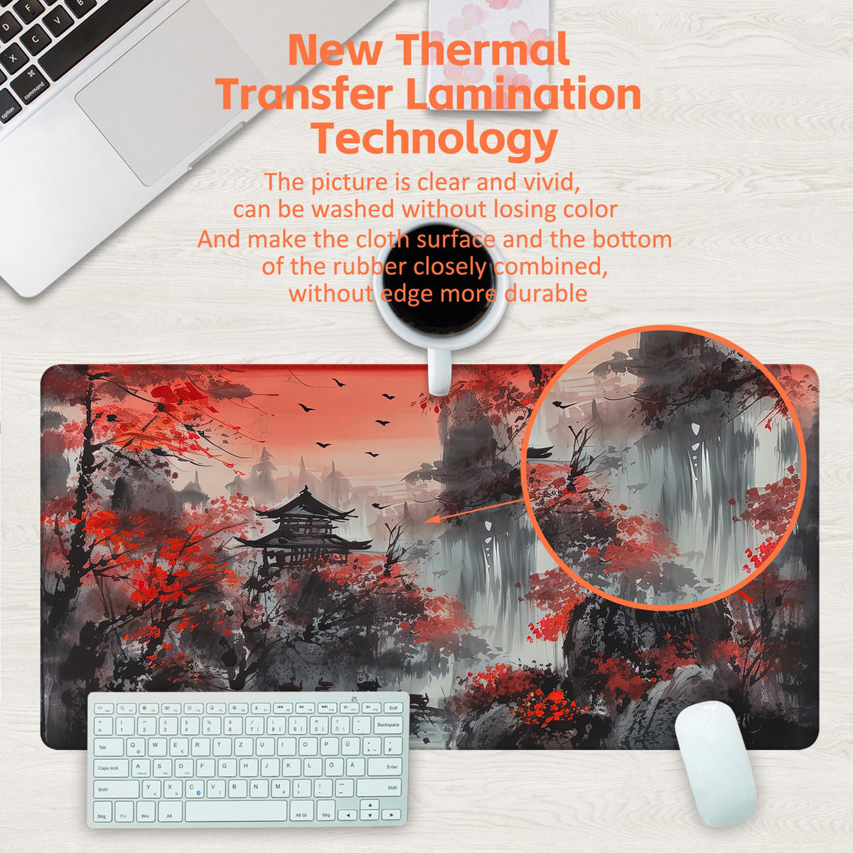 KOAIWPAE Desk Mat, Red Landscape Painting Desk Pad, Ink Painting Large Gaming Mouse Pad for Desk