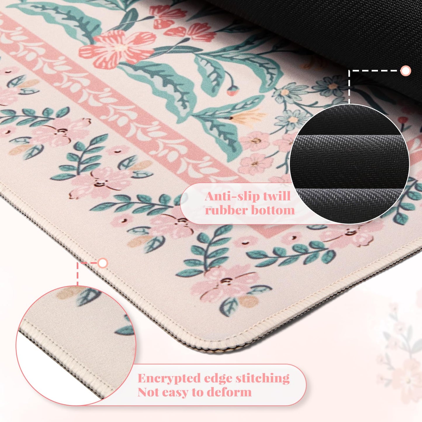HAOCOO Large Desktop Pad for Keyboard Mouse, Non-Slip Floral Desk Mat(Pink)