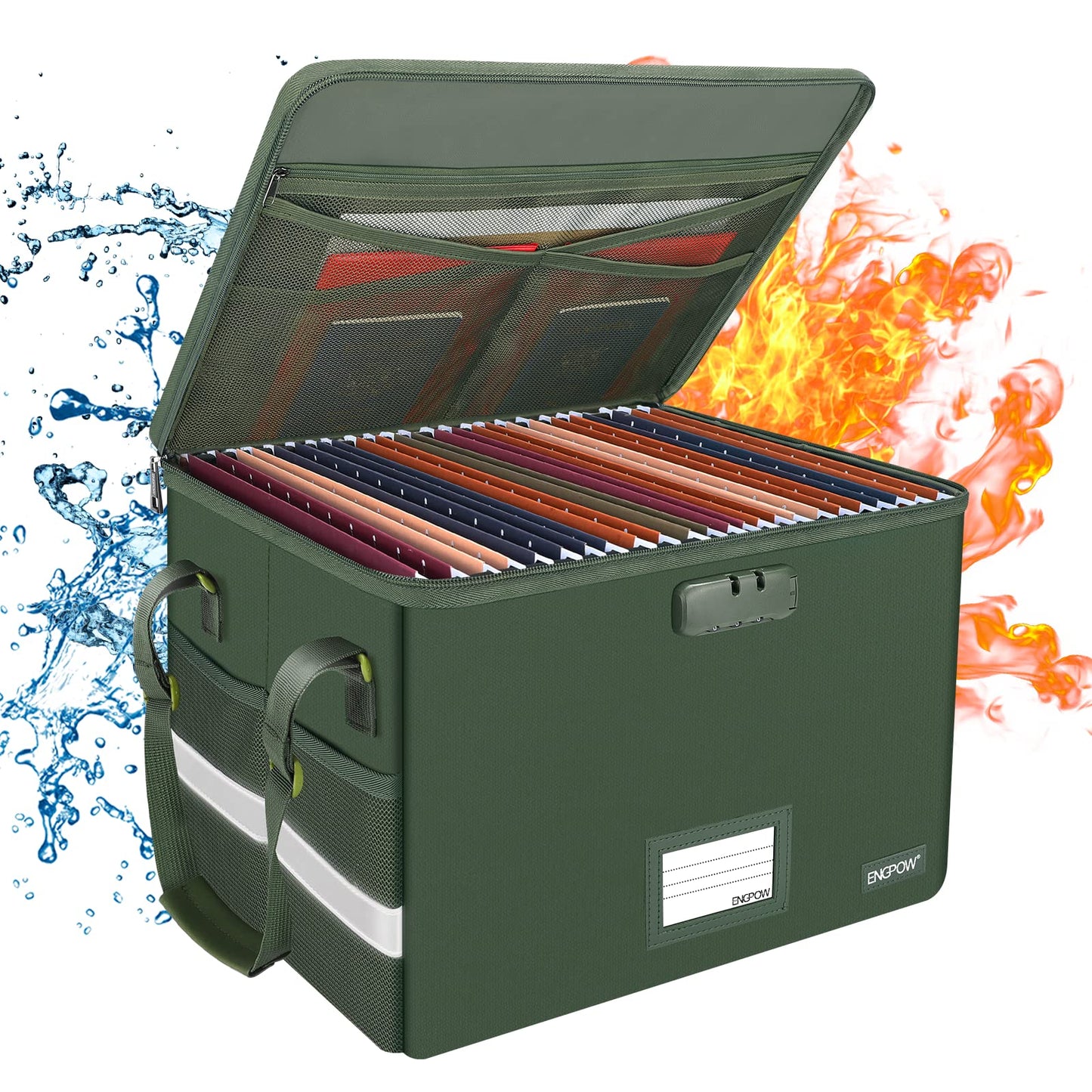 ENGPOW File Box with Lock, Fireproof Document Box with Zipper Lid, Collapsible File Storage