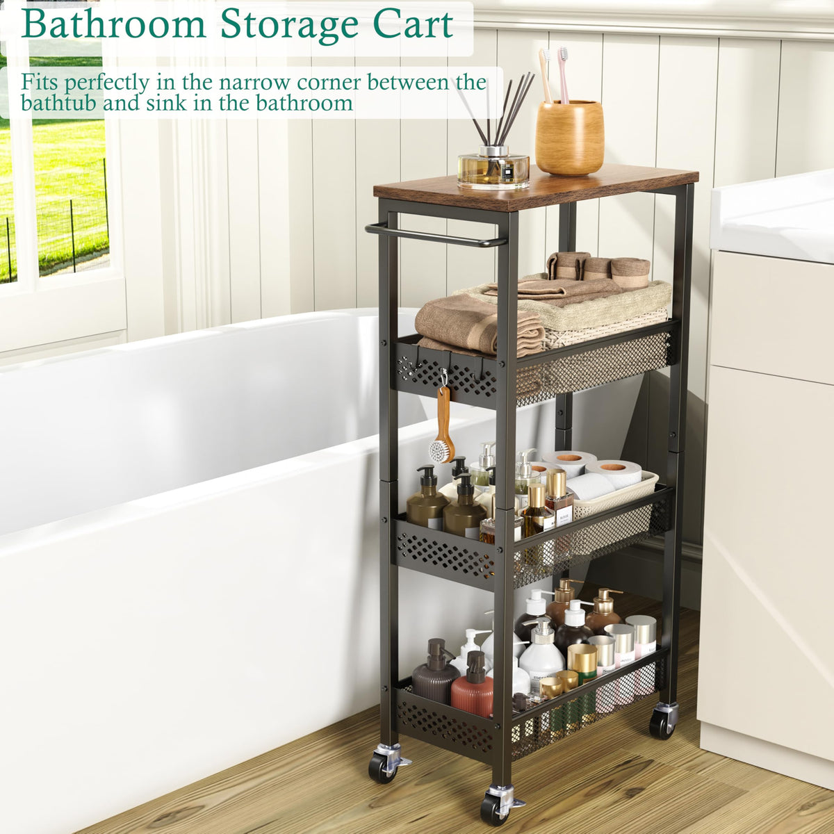 XYZLVSI Slim Rolling Storage Cart, 4 Tier Small Bathroom Cart Organizer
