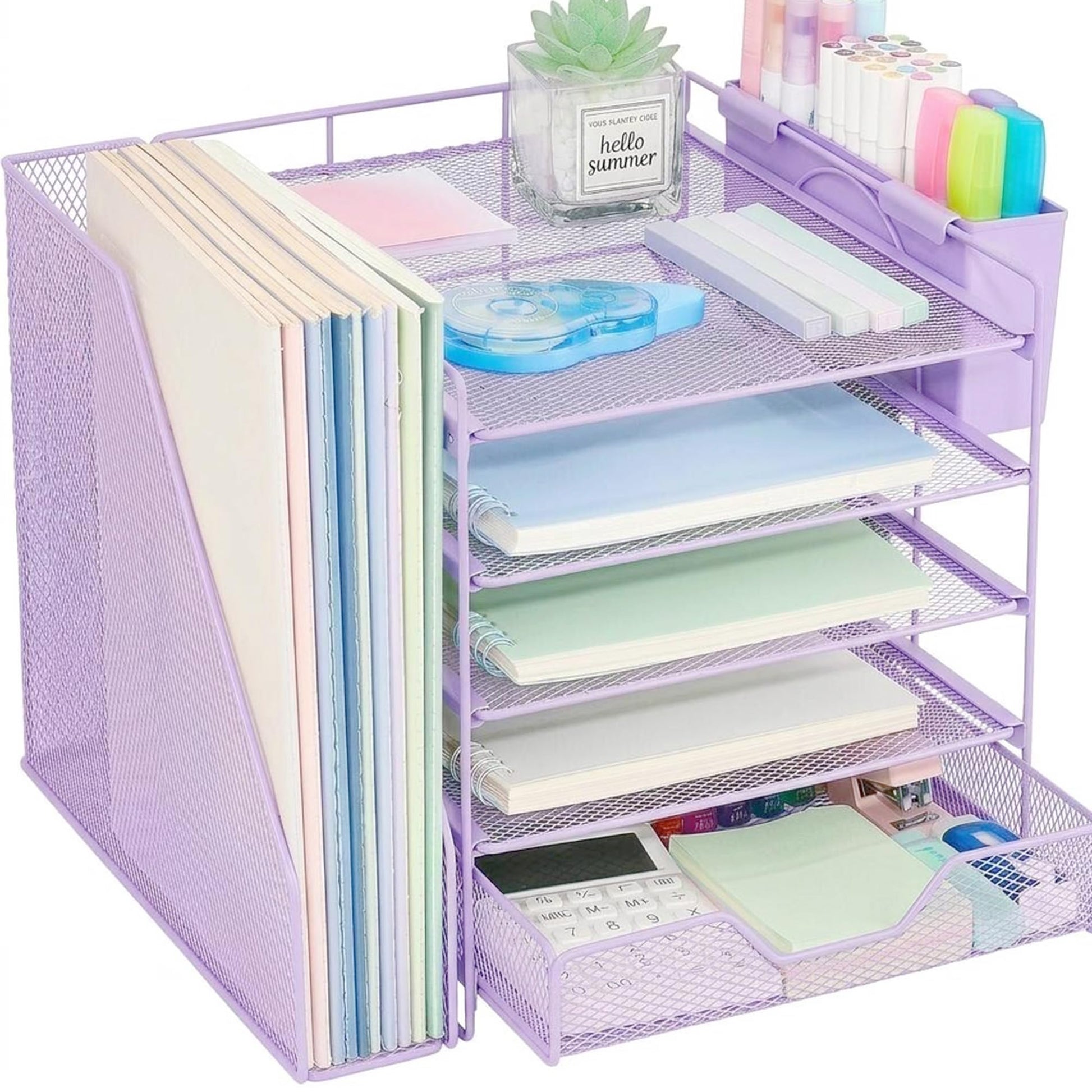 Gugsey 5-Tier Desk File Organizer with Drawer & Pen Holder (Purple)