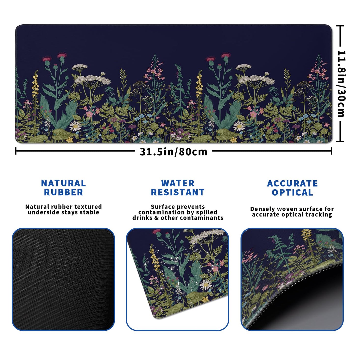 Wildflower Mouse Pad Abstract Black Mouse Pad 31.5x11.8 Inch Flower Texture Non-Slip Rubber Base