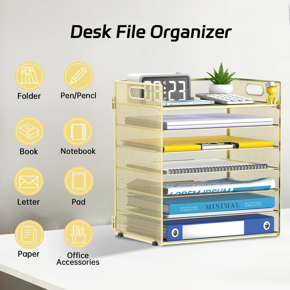 7 Tier Paper Organizer for Desk with Mesh Letter Trays and Handle Gold