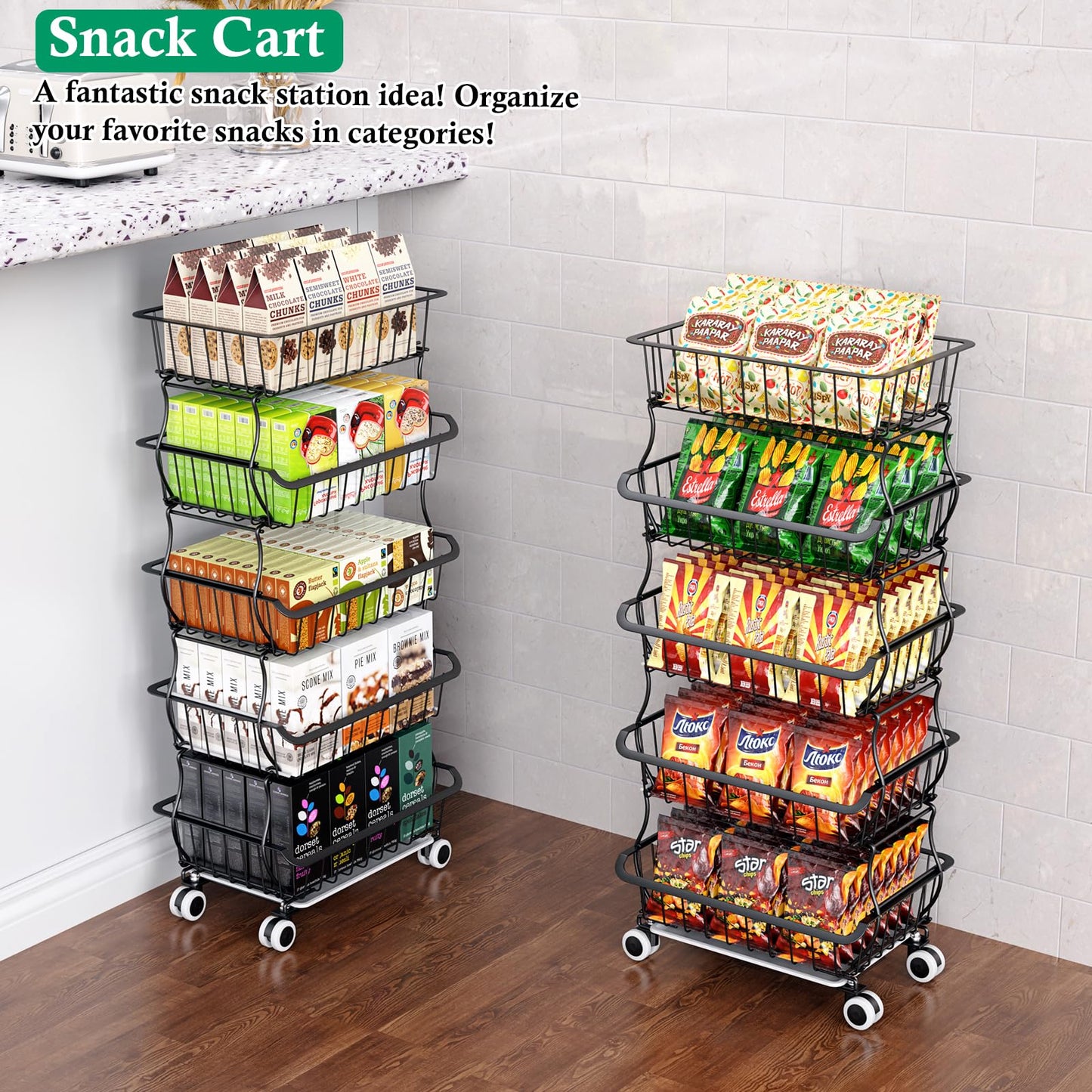 OKZEST 5 Tier Fruit Basket for Kitchen, Stackable Bins Wire Rack with Wheels, Fruit and Vegetable