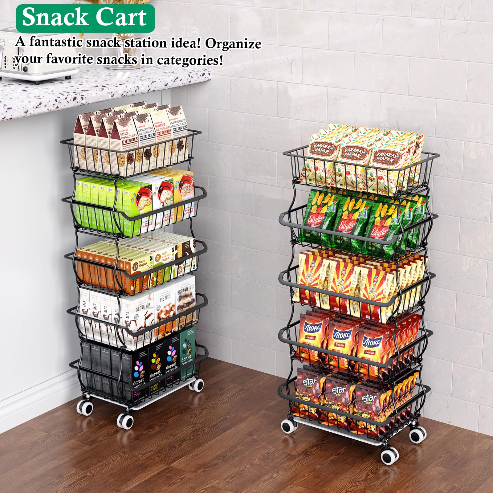 OKZEST 5 Tier Fruit Basket for Kitchen, Stackable Bins Wire Rack with Wheels, Fruit and Vegetable
