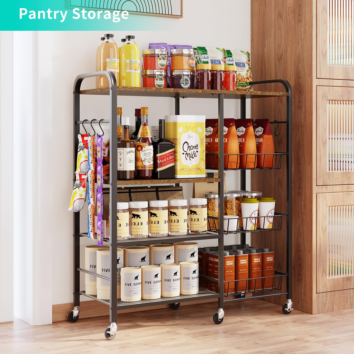 HapiRm Rolling Kitchen Microwave Cart - 4 Tier Microwave Table Stand with Pull-Out Baskets, Coffee
